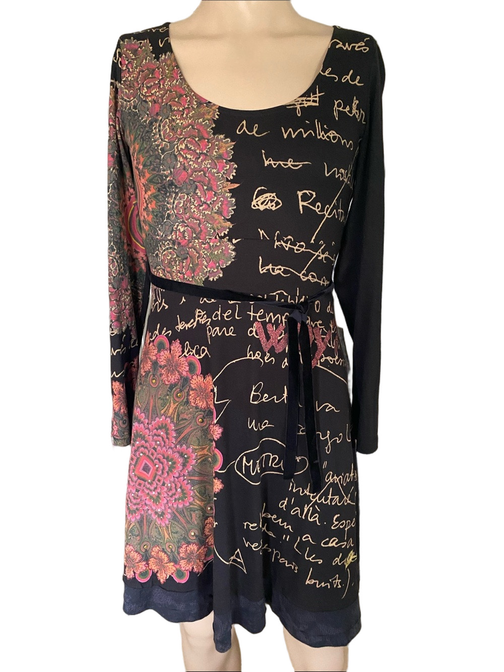 Desigual Black Long-Sleeve Floral & Script A-Line Dress